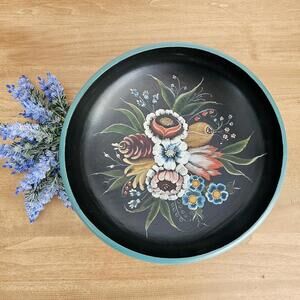 Vintage Blue Floral Norwegian Rosemaling Valdres Style Bowl Hand Carved Painted